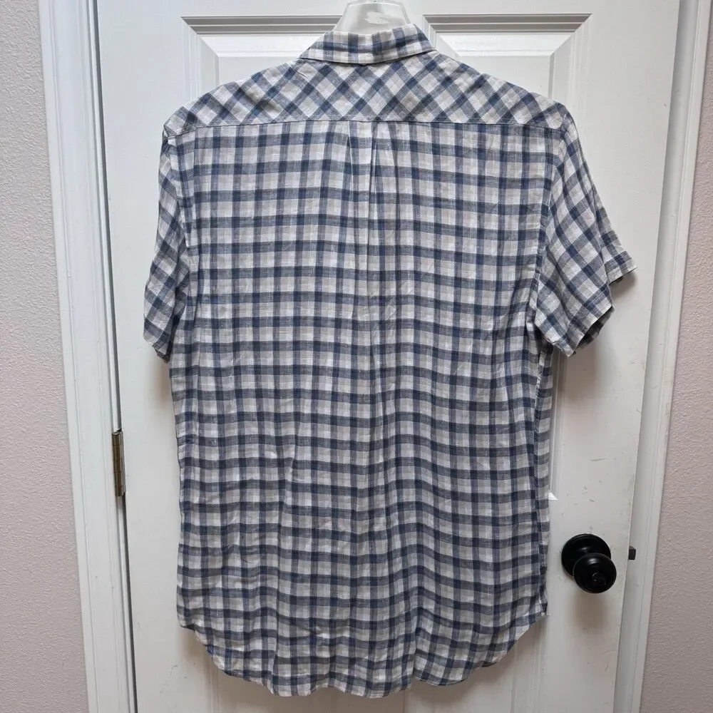 Billy Reid Standard Italian Linen Plaid Button Up Short Sleeve Shirt Men Medium